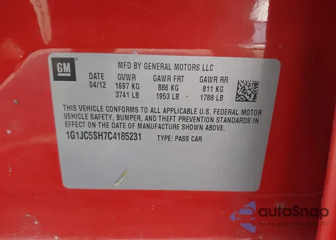 2012 Chevrolet Sonic 2Lt из США, поврежденный, VIN 1G1JC5SH7C4185231